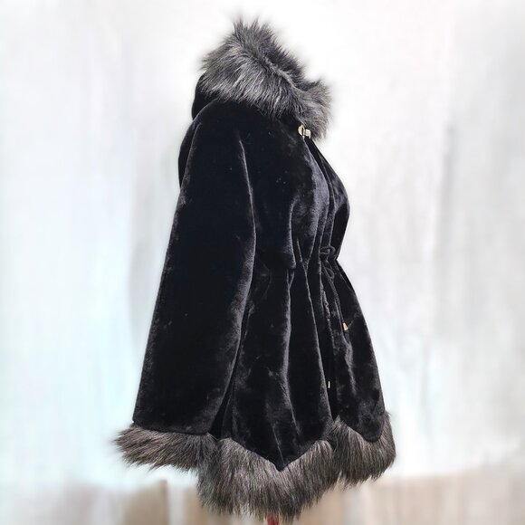Black & Grey Faux Fur Jacket with Jewelled Rhinestone Closure and Hood - Picture 2 of 9